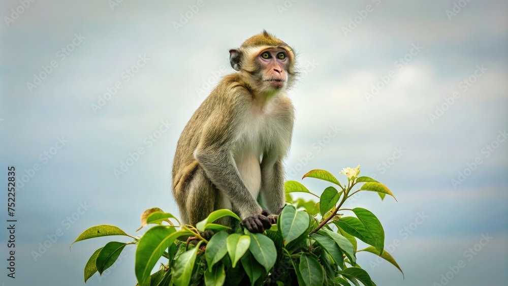 Fototapeta Monkey Sitting on Top of a Tree Branch. A monkey is perched on a tree branch, looking around and possibly foraging for food.