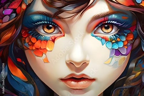 The image features a close-up of a woman's face with bright, colorful makeup that resembles a work of art,portrait of a woman with creative make up