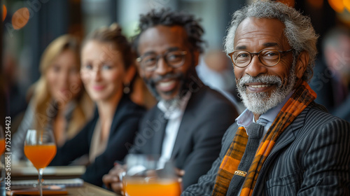 Diverse business people gathered at table during a meeting at cafe.