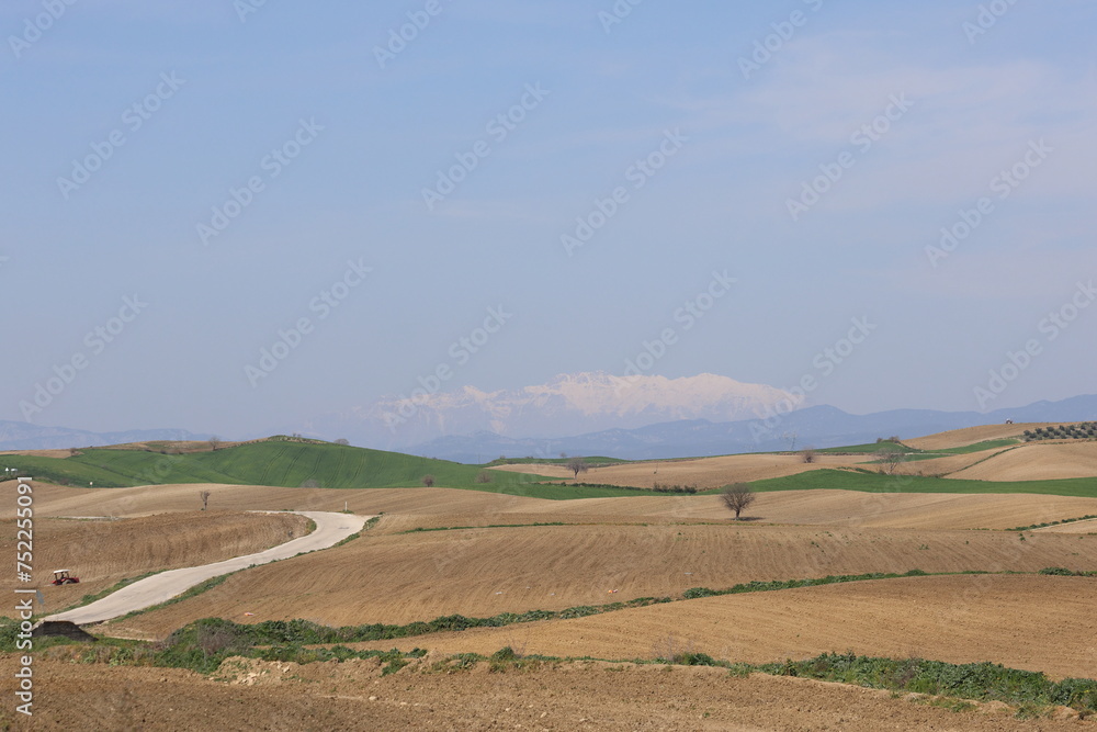 beautiful landscape in the countryside with plowed fields and blue sky