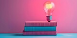 Minimalistic design with pink book stack and glowing light bulb mockup. Concept Minimalist Design, Pink Book Stack, Glowing Light Bulb, Mockup, Stylish Presentation