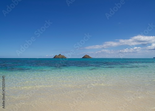 Beautiful scenery of Lanikai Beach and Mok Nui and Mok Iki in Hawaii