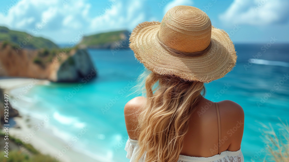 A woman in a straw hat looking at the beautiful beach. Summer vacation concept.