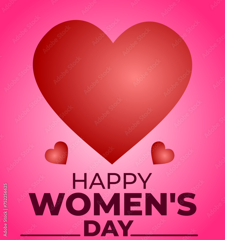 3D Red Heart in the Center of Gradient . Flanked by Smaller Hearts. Happy Womens Day Text Below. Happy poster, heart, womans day vector illustration.