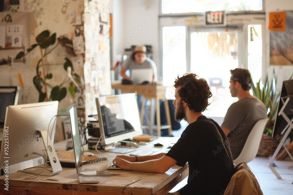 A tech startup team is formulating their strategy while occupying an office. A tech startup team is formulating their strategy while occupying an office.