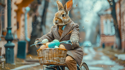 The illustration shows an Easter bunny in vintage clothes, who moves around the city on a bicycle, while holding a basket of eggs for Easter.