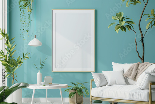 Frame Mockup, Picture frame template/mockup in an modern blue pastel colored living room. Photoframe Mock-up background.Modern interior design.