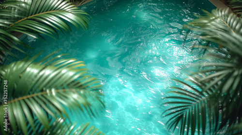 Swimming pool with palm trees and blue water. Top view.