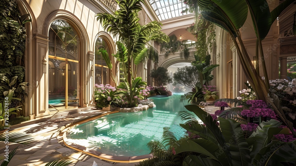 A luxury palace garden retreat, majestic arcs embracing vibrant blooms, leading to hidden alcoves, adorned with timeless elegance and breathtaking scenery.