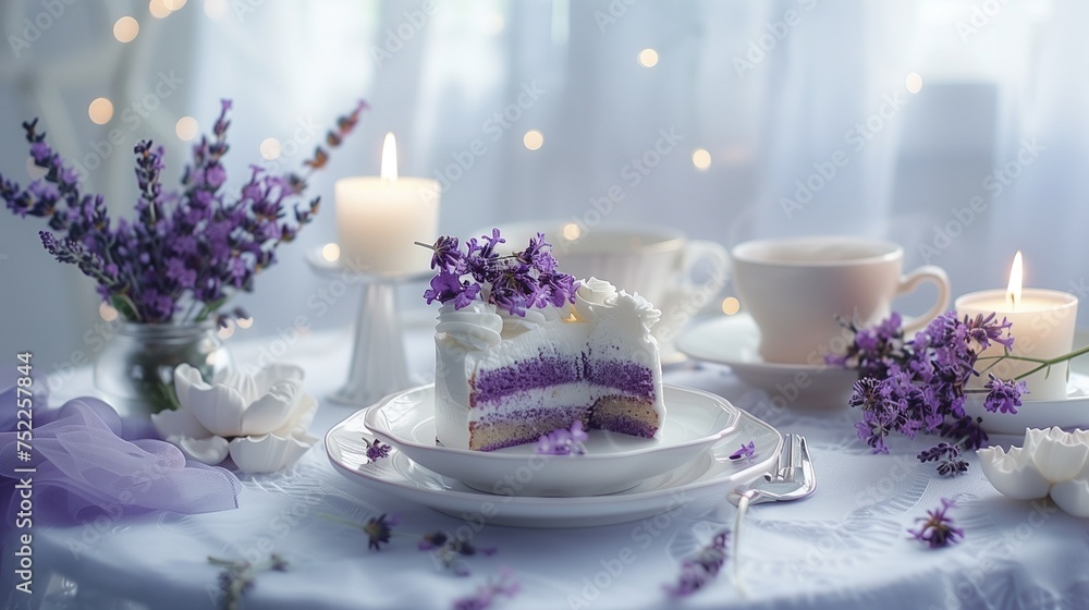 Romantic ambiance with candles casting a warm glow, a lavender cake as the centerpiece, and a delightful tea and coffee spread.