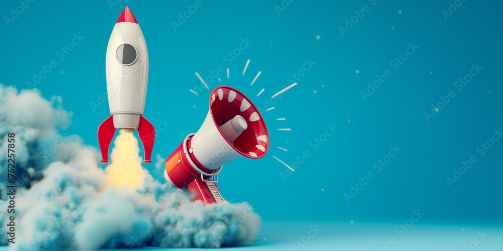 Rocket and megaphone on blue background, startup and marketing concept Rocket and megaphone on blue background, startup and marketing concept