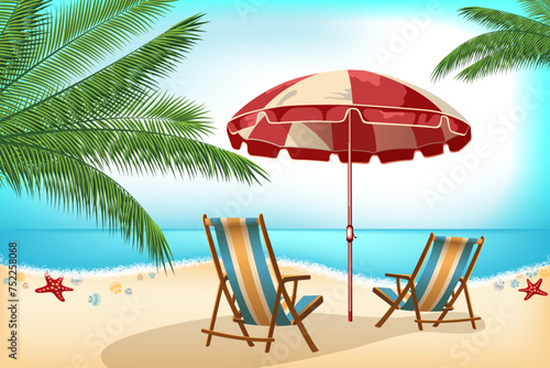 Beach chairs on the white sand  red sun umbrella  palm leaves  blue water vector illustration. Tranquil beach scene. Summer vacation holiday concept. Chairs and umbrela under palms on the sea beach