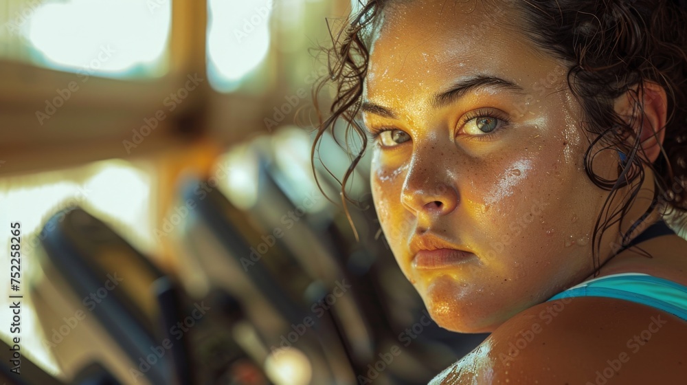 With determination, a focused woman, her determination evident, hits the gym despite her chubby frame, committed to her workout routine With determination, a focused woman, her determination evident, hits the gym despite her chubby frame, committed to her workout routine