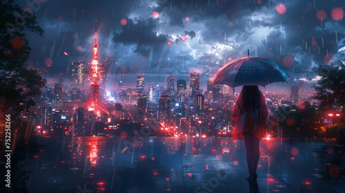 anime holding an umbrella in the city under some light rain and dark clouds
