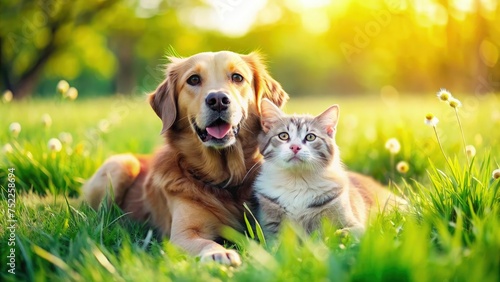 Cute dog and cat lying together on a green grass field nature in a spring sunny background