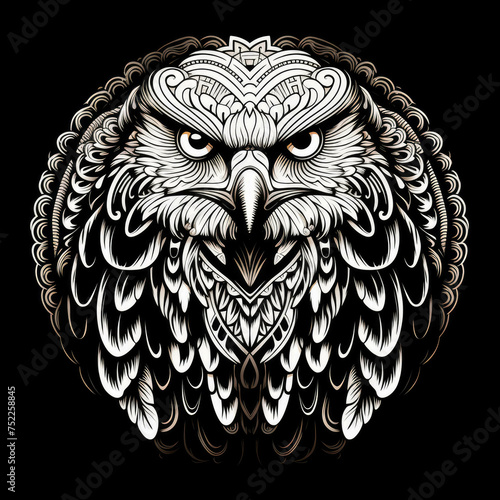 Falcon Mandala Style Illustration, black and white photo