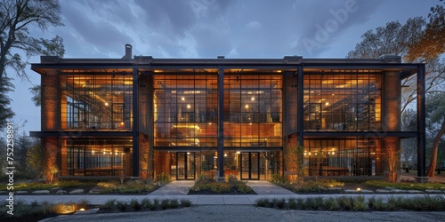Restored old mill's facade blends history with modern industry, uniting past and future. photo