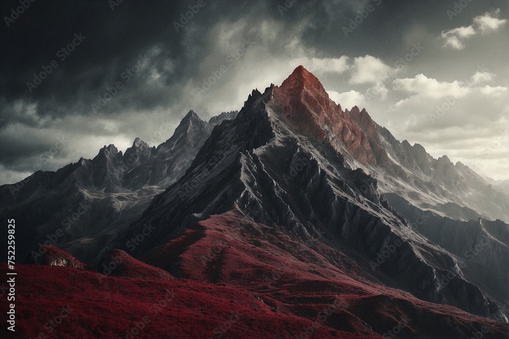Fantasy book styled drawing of high, dark, scary mountain with a red accent