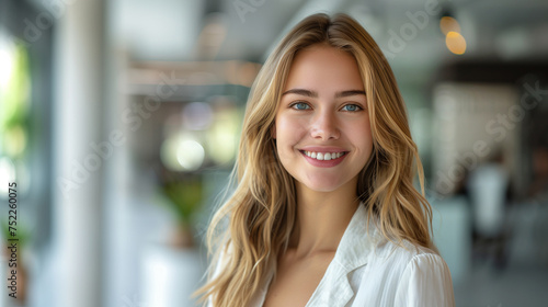 Smiling beautiful elegant businesswoman standing in a modern business office tower.