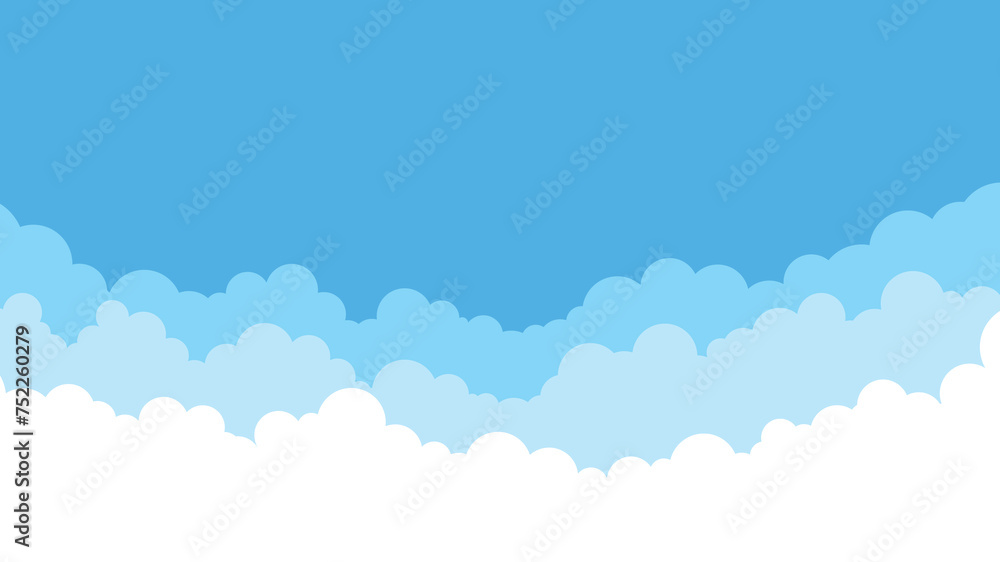 Clouds background, simple cartoon design. Flat style vector illustration. Blue sky and clouds design, beautiful image. Sunny day mood, airy atmosphere