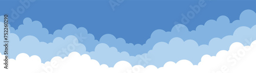 Clouds background, simple cartoon design. Flat style vector illustration. Blue sky and clouds design, beautiful image. Sunny day mood, airy atmosphere
