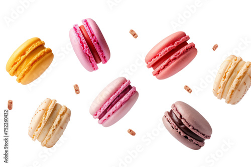 colorful macarons suspended in the air, capturing their delicate and vibrant appearance.