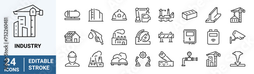 Industry web icons in line style. Mass production, manipulator, factories, mine, collection. Vector illustration. Editable stroke