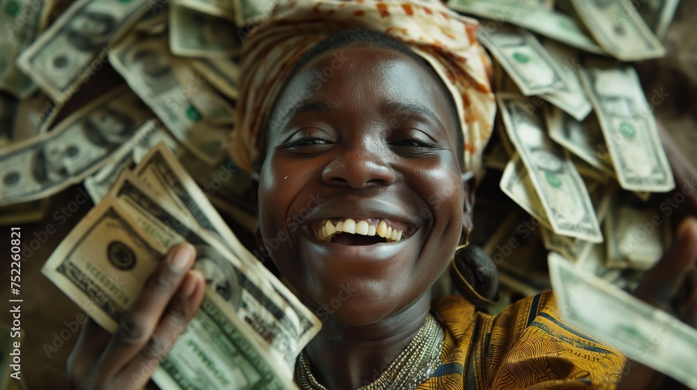a happy African woman lay down on ground with a bunch of money falling on her, Generative Ai