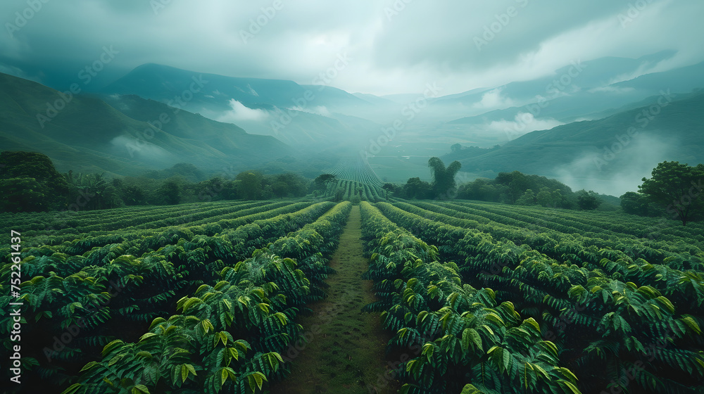 tea plantation, rice field, green plantation, Verdant coffee farm with rows of lush plants under a blue sky. Sustainable agriculture and rural development concept with copy space - obrazy, fototapety, plakaty 
