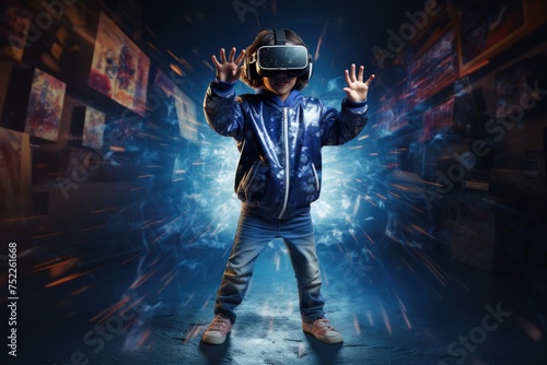 Boy wearing virtual reality glasses. Blue futuristic background