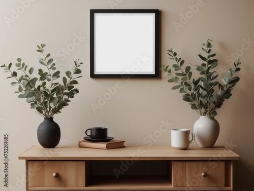 Empty wooden picture frame, poster mockup hanging on beige wall background © Dhiandra
