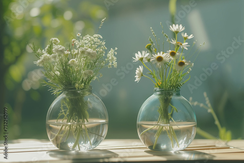 Aesthetic composition of wildflowers in a vase, highlighted by warm sunlight. Sunlit bouquet of summer wildflowers on a rustic table, evoking peacefulness. photo