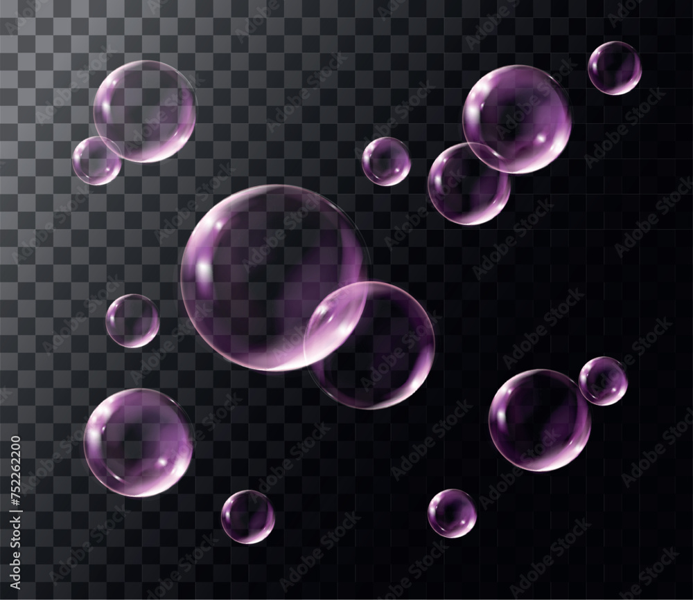 Realistic transparent pink soap bubbles with rainbow reflection. Isolated set composition.