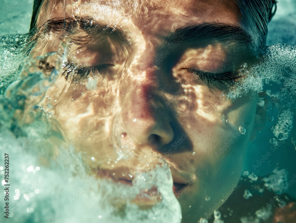 A serene face partially submerged in bubbly turquoise water, depicting calm and relaxation.