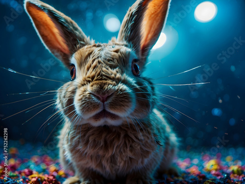 rabbit in paint, colored dust, bright colors, photography. protecting animals from drug testing.