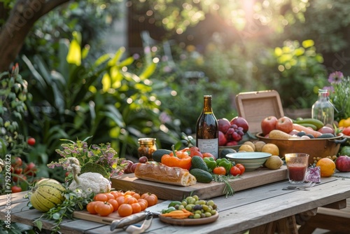 Fresh garden vegetables and fruits on wooden table with wine bottle. Outdoor picnic scene with natural food. Healthy eating and garden concept for design and print. Outdoor dining setting 
