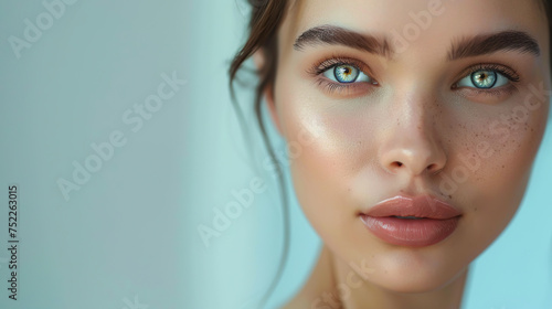 beautiful blonde woman with wavy long hair, healthy skin looks at the camera natural makeup of a young beautiful model on a studio background with copy space. cosmetic concept generative ai