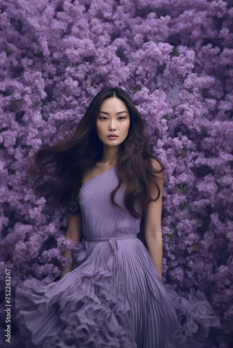 Beautiful girl with long hair with lilac flowers wall as a background. Fashion and beauty concept