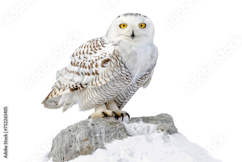 A majestic snowy owl perched on a snow-covered rock isolated on white background.