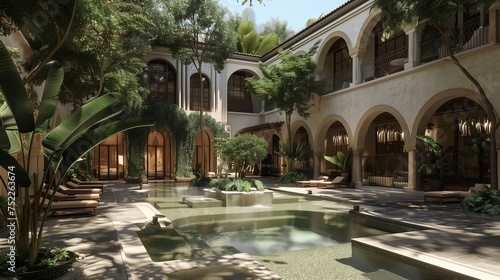 Exotic elegance in a Moroccan pool retreat, geometric tile patterns, plush lounge areas, surrounded by lush greenery and palms.