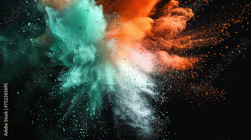 Colored powder explosion. Green, white and orange colors dust on black background. Multicolored powder splash background generative ai © Wijaya