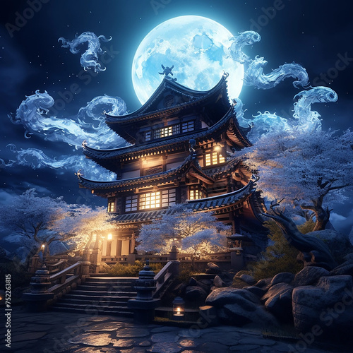 Beautiful  4k  realistic  japanese traditional house illuminated with lights  and two baby blue colored dragons flying in the skies at night