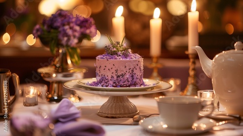 Intimate candlelit setting, a lavender-infused cake adorned with delicate flowers, accompanied by perfectly brewed tea and aromatic coffee.