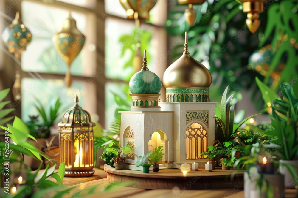 Ramadan Kareem with miniature mosque on a wooden table with plants. Ramadan Kareem with miniature mosque on a wooden table with plants.