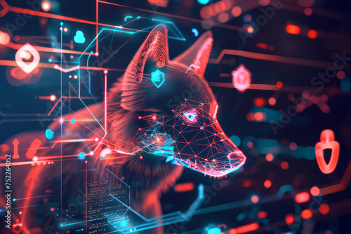 A digital watchdog symbolizing cybersecurity, surrounded by glowing data lines and symbols representing secure data.