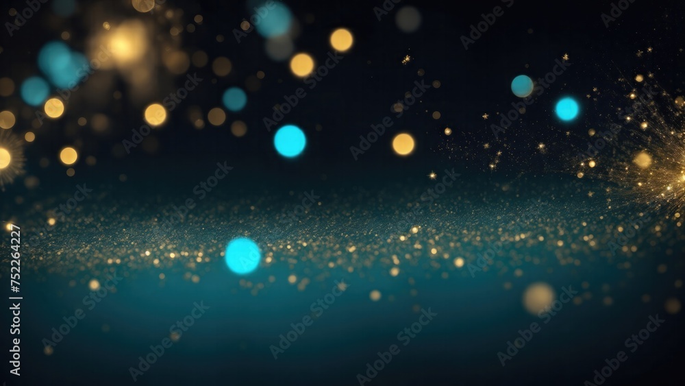 Cyan and gold bokeh with elegant sparkling particles on dark background