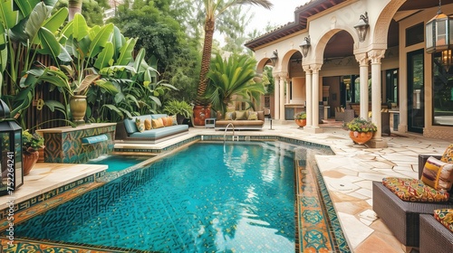 A Moroccan-inspired pool oasis, adorned with vibrant tiles, intricate mosaics, and elegant archways, reflecting the warm desert sun.