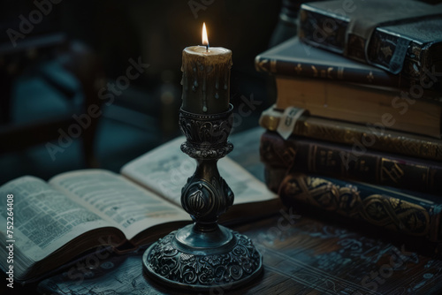 A candle atop an ornate bronze candlestick holder, surrounded by ancient manuscripts and a velvet-lined bible, shot in a dark, moody setting to accentuate the symbolism.