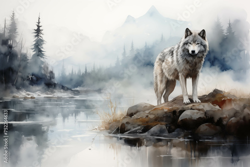 A watercolor painting of a wolf on the edge of a pond amidst the mist. © Gun