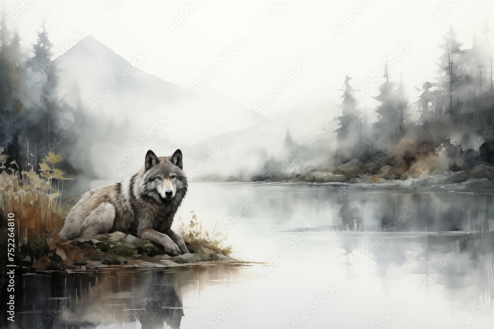 A watercolor painting of a wolf on the edge of a pond amidst the mist. - obrazy, fototapety, plakaty 